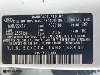 2017 Kia Optima LX 1.6T with VIN 5XXGT4L14HG168932, listed as a Copart auction lot 85735284 with 98,397 mi miles and Salvage Title. Bid and sale history available at carsss.com. Image 12.