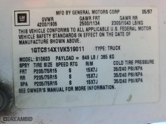 1997 GMC Sonoma SLS with VIN 1GTCS14X1VK519011, listed as a Copart auction lot 75928784 with 173,311 mi miles and Salvage Title. Bid and sale history available at carsss.com. Image 12.
