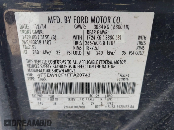 2015 Ford F-150 XL with VIN 1FTEW1CF1FFA20743, listed as a IAAI auction lot 41805237 with 149,020 mi miles. Bid and sale history available at carsss.com. Image 9.