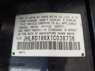 2001 Honda CR-V EX with VIN JHLRD186X1C038736, listed as a IAAI auction lot 42133407 with 222,378 mi miles. Bid and sale history available at carsss.com. Image 9.