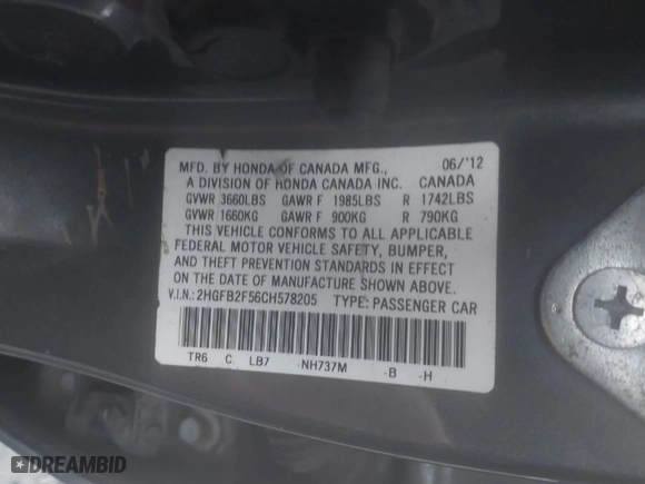 2012 Honda Civic Sdn LX with VIN 2HGFB2F56CH578205, listed as a IAAI auction lot 41016919 with 104,515 mi miles. Bid and sale history available at carsss.com. Image 9.