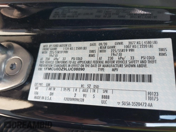 2020 Ford Escape Titanium Hybrid with VIN 1FMCU0DZ9LUC08090, listed as a IAAI auction lot 41674697 with 43,586 mi miles and . Bid and sale history available at DreamBid. Image 9.