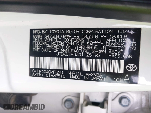 2016 Toyota Prius One with VIN JTDKDTB33G1125195, listed as a IAAI auction lot 42054098 with 134,272 mi miles and . Bid and sale history available at DreamBid. Image 9.
