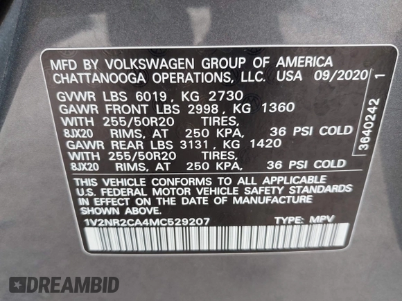 2021 Volkswagen Atlas SE with VIN 1V2NR2CA4MC529207, listed as a IAAI auction lot 42265026 with 53,185 mi miles and . Bid and sale history available at DreamBid. Image 9.