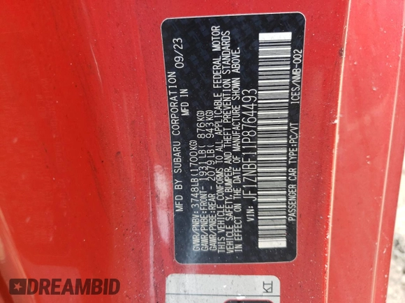 2023 Toyota 86 Premium with VIN JF1ZNBF11P8764493, listed as a Copart auction lot 64361324 with Not Provided miles and Salvage Title. Bid and sale history available at DreamBid. Image 12.