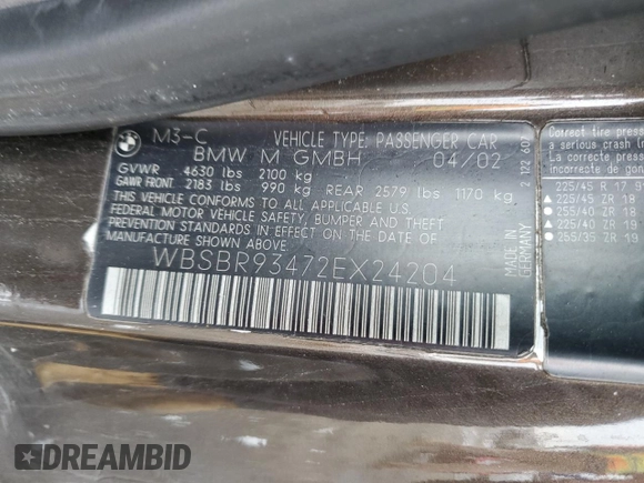 2002 BMW 3 Series M3 with VIN WBSBR93472EX24204, listed as a Copart auction lot 44896205 with 117,184 mi miles and Salvage Title. Bid and sale history available at carsss.com. Image 13.
