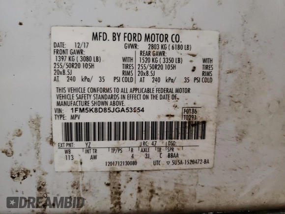 2018 Ford Explorer XLT z VIN 1FM5K8D85JGA53554, wystawiony jako Copart lot #58301995 z przebiegiem 144 621 mil mil oraz Szkoda całkowita • Salvage title. Historia ofert i sprzedaży dostępna na DreamBid. Obrazek 13.