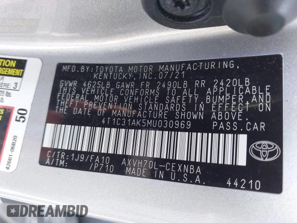 2021 Toyota Camry Hybrid LE with VIN 4T1C31AK5MU030969, listed as a IAAI auction lot 41862078 with 125,992 mi miles. Bid and sale history available at carsss.com. Image 9.