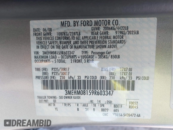 2009 Mercury Milan Premier with VIN 3MEHM08159R603347, listed as a IAAI auction lot 41253726 with 35,956 mi miles and . Bid and sale history available at carsss.com. Image 9.