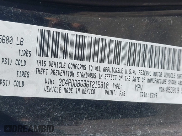 2016 Dodge Journey SXT with VIN 3C4PDDBG3GT215910, listed as a IAAI auction lot 41798779 with 165,505 mi miles. Bid and sale history available at carsss.com. Image 9.