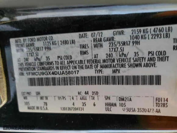2013 Ford Escape SE with VIN 1FMCU9GX4DUA58017, listed as a Copart auction lot 48472385 with 159,721 mi miles and Salvage Title. Bid and sale history available at carsss.com. Image 15.