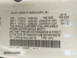 2018 Honda CR-V EX with VIN 5J6RW2H54JL029755, listed as a IAAI auction lot 42049052 with 94,458 mi miles. Bid and sale history available at carsss.com. Image 9.