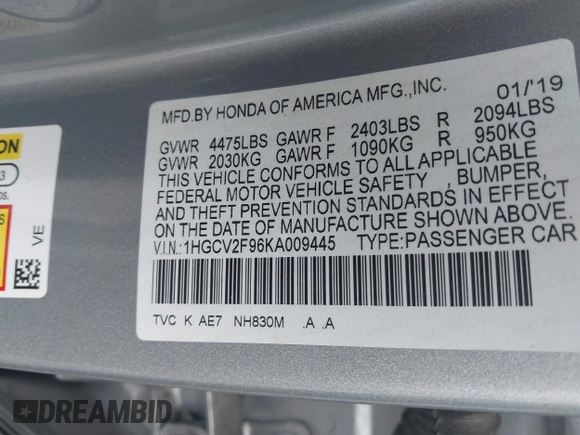 2019 Honda Accord Touring z VIN 1HGCV2F96KA009445, wystawiony jako IAAI lot #42181051 z przebiegiem Nie podano mil oraz . Historia ofert i sprzedaży dostępna na DreamBid. Obrazek 9.