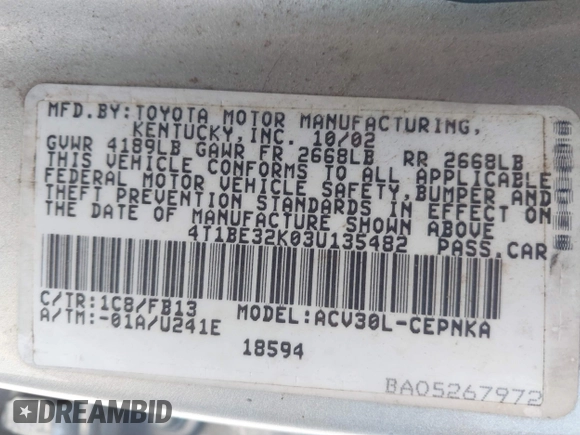 2003 Toyota Camry LE with VIN 4T1BE32K03U135482, listed as a IAAI auction lot 42145175 with 172,725 mi miles and . Bid and sale history available at DreamBid. Image 9.