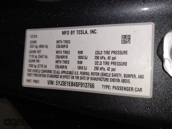 2025 Tesla Model 3 Long Range with VIN 5YJ3E1EB4SF913766, listed as a IAAI auction lot 41975164 with 3,099 mi miles and . Bid and sale history available at DreamBid. Image 9.