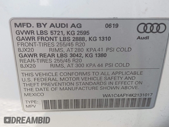 2019 Audi SQ5 Prestige with VIN WA1C4AFY4K2131017, listed as a IAAI auction lot 42024387 with 65,788 mi miles. Bid and sale history available at carsss.com. Image 9.