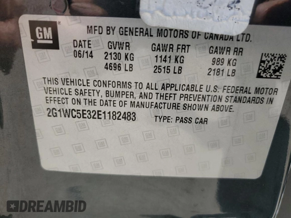 2014 Chevrolet Impala LTZ with VIN 2G1WC5E32E1182483, listed as a Copart auction lot 60308935 with 116,714 mi miles and Salvage title. Bid and sale history available at DreamBid. Image 13.