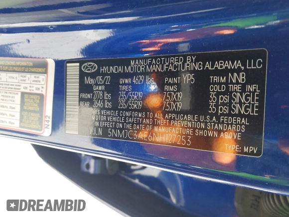 2022 Hyundai Tucson SEL with VIN 5NMJC3AE6NH127253, listed as a IAAI auction lot 41854480 with 38,956 mi miles and . Bid and sale history available at DreamBid. Image 9.
