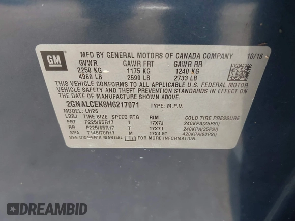 2017 Chevrolet Equinox LT with VIN 2GNALCEK8H6217071, listed as a IAAI auction lot 41924381 with 100,549 mi miles and . Bid and sale history available at DreamBid. Image 9.
