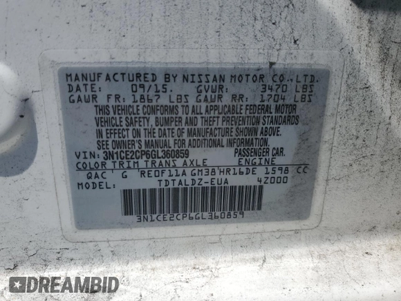 2016 Nissan Note S with VIN 3N1CE2CP6GL360859, listed as a Copart auction lot 59461605 with 117,910 mi miles and Salvage title. Bid and sale history available at DreamBid. Image 12.