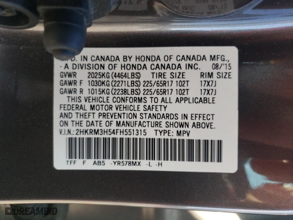 2015 Honda CR-V EX with VIN 2HKRM3H54FH551315, listed as a Copart auction lot 48284425 with 97,471 mi miles and Salvage Title. Bid and sale history available at carsss.com. Image 14.