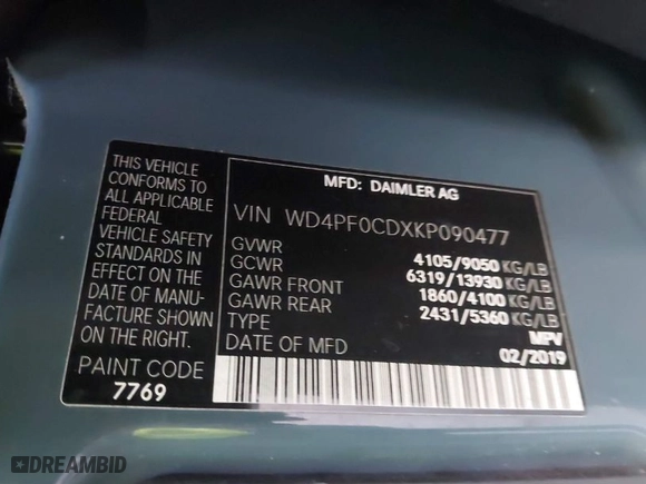 2019 Mercedes-Benz Sprinter Cargo Van with VIN WD4PF0CDXKP090477, listed as a IAAI auction lot 41477812 with 96,660 mi miles. Bid and sale history available at carsss.com. Image 9.