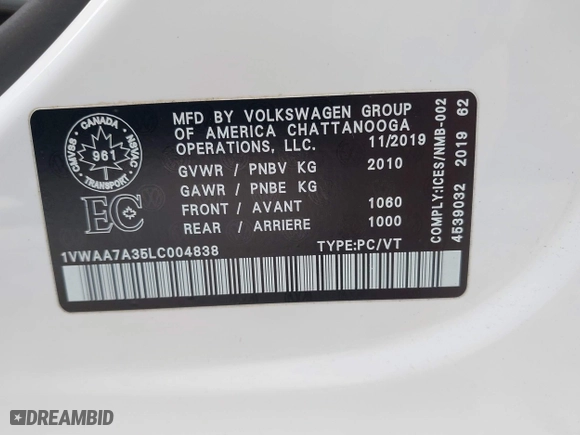 2020 Volkswagen Passat 2.0T S with VIN 1VWAA7A35LC004838, listed as a IAAI auction lot 41184897 with 68,628 mi miles. Bid and sale history available at carsss.com. Image 9.