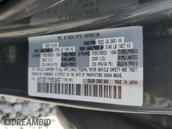 2021 Mazda CX-9 Grand Touring with VIN JM3TCBDY7M0508897, listed as a Copart auction lot 55645515 with 62,917 mi miles and Salvage title. Bid and sale history available at DreamBid. Image 13.
