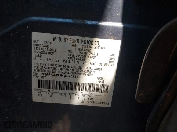 2019 Ford Edge SEL with VIN 2FMPK4J93KBB45236, listed as a IAAI auction lot 42367327 with Not provided miles and . Bid and sale history available at DreamBid. Image 9.