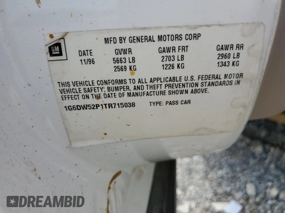 1996 Cadillac Fleetwood z VIN 1G6DW52P1TR715038, wystawiony jako Copart lot #69987194 z przebiegiem Nie podano mil oraz Szkody całkowita. Historia ofert i sprzedaży dostępna na DreamBid. Obrazek 14.