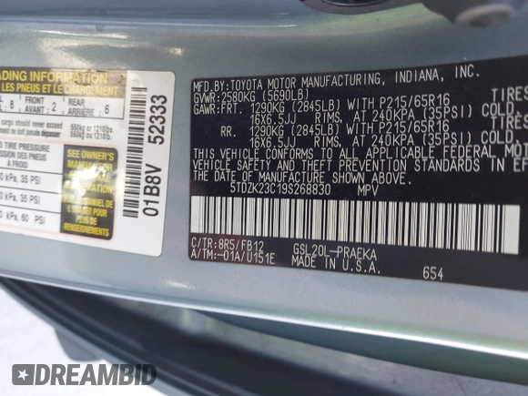 2009 Toyota Sienna CE with VIN 5TDZK23C19S268830, listed as a IAAI auction lot 42032259 with 113,596 mi miles. Bid and sale history available at carsss.com. Image 9.