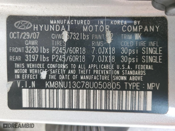 2008 Hyundai Veracruz GLS with VIN KM8NU13C78U050805, listed as a Copart auction lot 45502145 with 96,727 mi miles and Salvage Title. Bid and sale history available at carsss.com. Image 13.