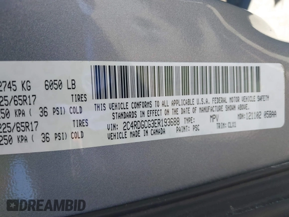 2014 Dodge Grand Caravan SXT with VIN 2C4RDGCG3ER193688, listed as a IAAI auction lot 41290544 with 73,092 mi miles and . Bid and sale history available at DreamBid. Image 9.