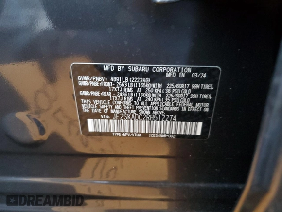 2024 Subaru Forester Premium with VIN JF2SKADC2RH512274, listed as a Copart auction lot 85433794 with 2,482 mi miles and Salvage Title. Bid and sale history available at carsss.com. Image 13.