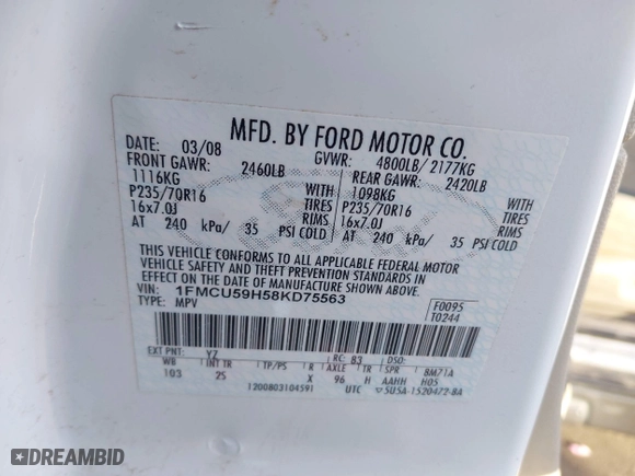 2008 Ford Escape Hybrid with VIN 1FMCU59H58KD75563, listed as a IAAI auction lot 41939067 with 127,609 mi miles. Bid and sale history available at carsss.com. Image 9.
