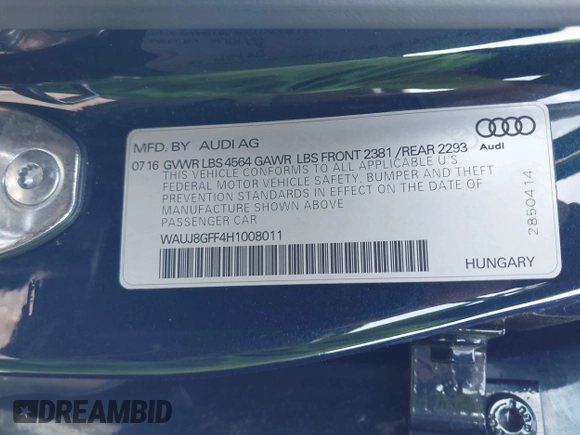 2017 Audi A3 Premium Plus with VIN WAUJ8GFF4H1008011, listed as a IAAI auction lot 41924377 with 53,885 mi miles and . Bid and sale history available at DreamBid. Image 9.