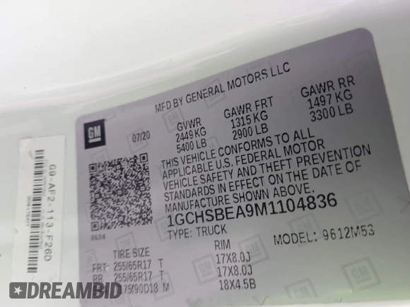 2021 Chevrolet Colorado 2WD Work Truck with VIN 1GCHSBEA9M1104836, listed as a IAAI auction lot 42273670 with 60,646 mi miles and . Bid and sale history available at DreamBid. Image 9.