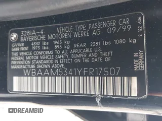 2000 BMW 3 Series 328i with VIN WBAAM5341YFR17507, listed as a IAAI auction lot 42434564 with 137,424 mi miles and . Bid and sale history available at DreamBid. Image 9.