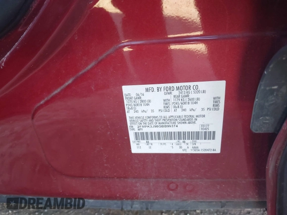2016 Ford Edge SEL z VIN 2FMPK3J98GBB99374, wystawiony jako IAAI lot #41392216 z przebiegiem Nie podano mil oraz . Historia ofert i sprzedaży dostępna na DreamBid. Obrazek 9.