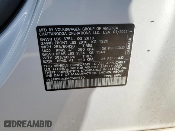 2021 Volkswagen Atlas SE with VIN 1V2PR2CA3MC562630, listed as a Copart auction lot 36489233 with 41,996 mi miles and Salvage title. Bid and sale history available at DreamBid. Image 14.