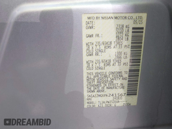 2015 Nissan Murano Platinum с VIN 5N1AZ2MGXFN241567, выставлен на аукционе IAAI как лот 42240996 с пробегом 107 607 миль миль и . История ставок и продаж доступна на DreamBid. Изображение 9.