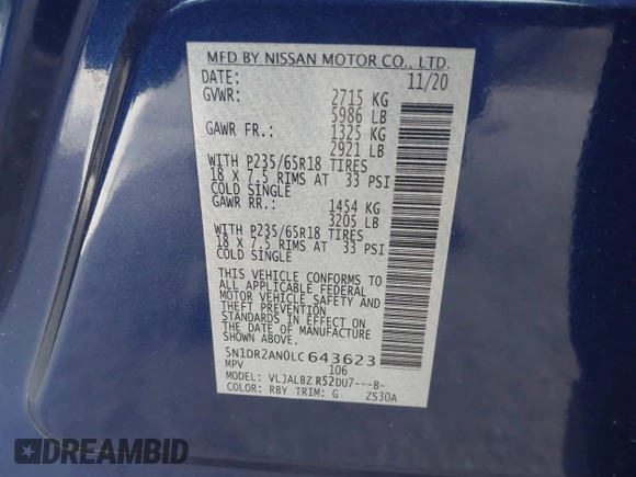 2020 Nissan Pathfinder S with VIN 5N1DR2AN0LC643623, listed as a IAAI auction lot 41798162 with 110,517 mi miles. Bid and sale history available at carsss.com. Image 9.
