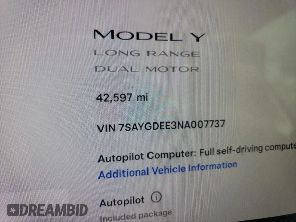 2022 Tesla Model Y Long Range with VIN 7SAYGDEE3NA007737, listed as a Copart auction lot 64602984 with 42,597 mi miles and Salvage Title. Bid and sale history available at carsss.com. Image 9.