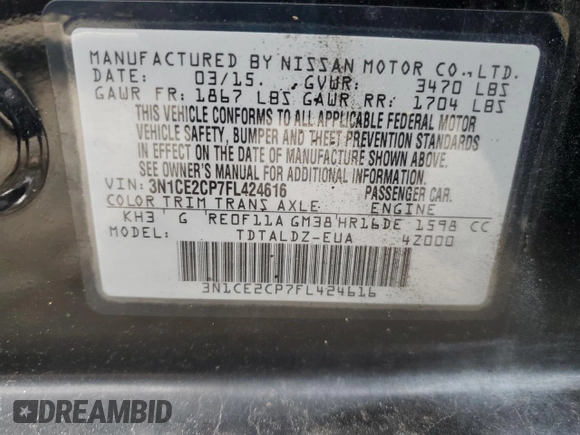 2015 Nissan Note SV with VIN 3N1CE2CP7FL424616, listed as a Copart auction lot 44236375 with 66,932 mi miles and Salvage Title. Bid and sale history available at DreamBid. Image 14.
