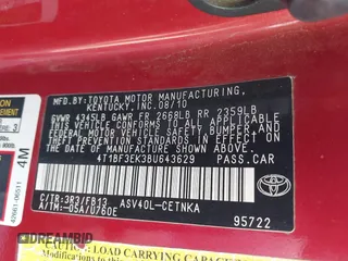 2011 Toyota Camry LE with VIN 4T1BF3EK3BU643629, listed as a IAAI auction lot 41707262 with 195,573 mi miles. Bid and sale history available at carsss.com. Image 9.