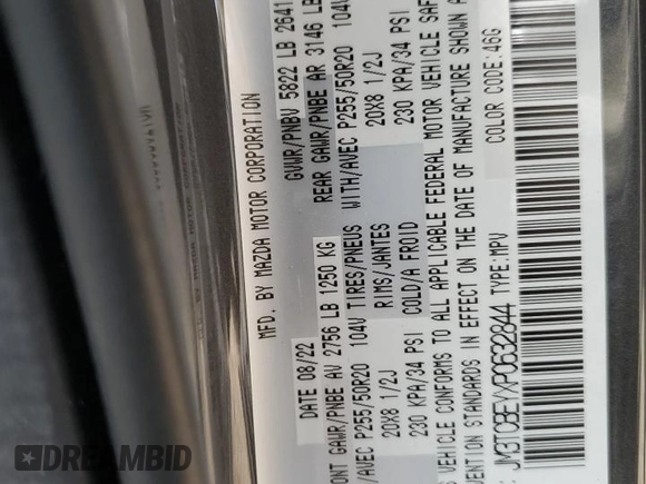 2023 Mazda CX-9 Signature with VIN JM3TCBEYXP0632844, listed as a Copart auction lot 87180834 with 20,415 mi miles and Salvage title. Bid and sale history available at DreamBid. Image 13.