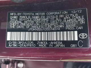 2013 Toyota Prius One with VIN JTDKN3DU1D5574074, listed as a IAAI auction lot 41894309 with 92,448 mi miles. Bid and sale history available at carsss.com. Image 9.