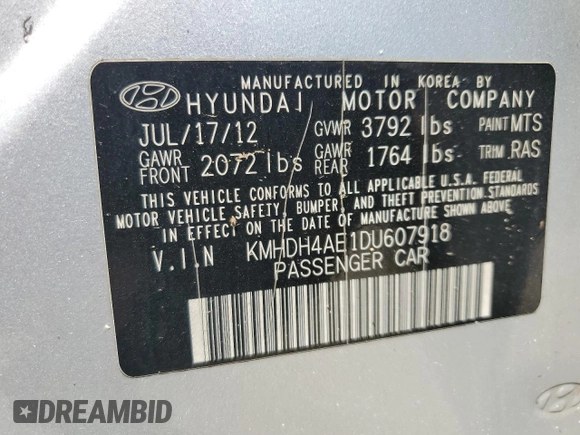 2013 Hyundai Elantra GLS z VIN KMHDH4AE1DU607918, wystawiony jako Copart lot #57078595 z przebiegiem 262 116 mil mil oraz Czysty tytuł • Clean title. Historia ofert i sprzedaży dostępna na DreamBid. Obrazek 13.