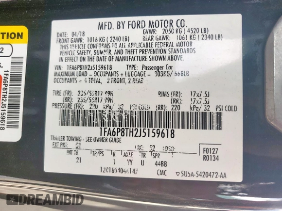 2018 Ford Mustang EcoBoost with VIN 1FA6P8TH2J5159618, listed as a Copart auction lot 60299355 with 74,616 mi miles and Salvage title. Bid and sale history available at DreamBid. Image 12.