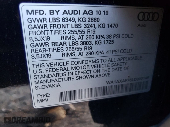 2020 Audi Q7 Premium with VIN WA1AXAF76LD000148, listed as a Copart auction lot 82021223 with 63,050 mi miles. Bid and sale history available at carsss.com. Image 13.